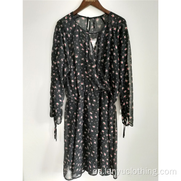 Vestido de gasa floral negro para mujer con mangas largas